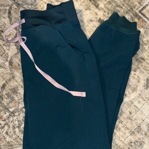Figs Women's Scrub Pants in Dark Teal with Pink Drawstring